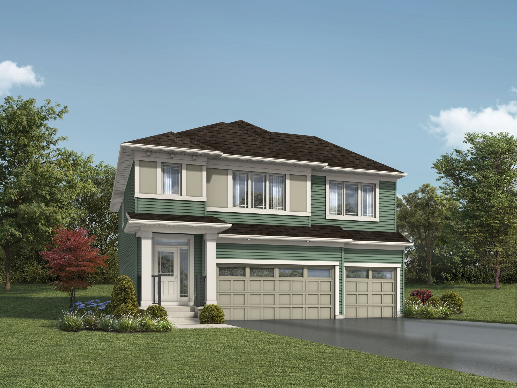 Rundle Prairie Elevation, featuring one medium sized windows and 2 large window across the front of the home on the second floor. Three car garage at the front of the home with a walk way from the driveway up to the front porch of the home to the left.