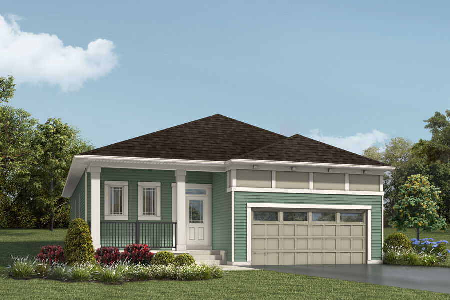 Prairie Elevation of the Bungalow plan, Bluebell. The driveway leads up to the tow car garage at the front of the home. To the left of the driveway is the walk-way leading to the spacious porch and front door. On the main floor are 2 medium sized windows looking out over the porch, to the front yard.