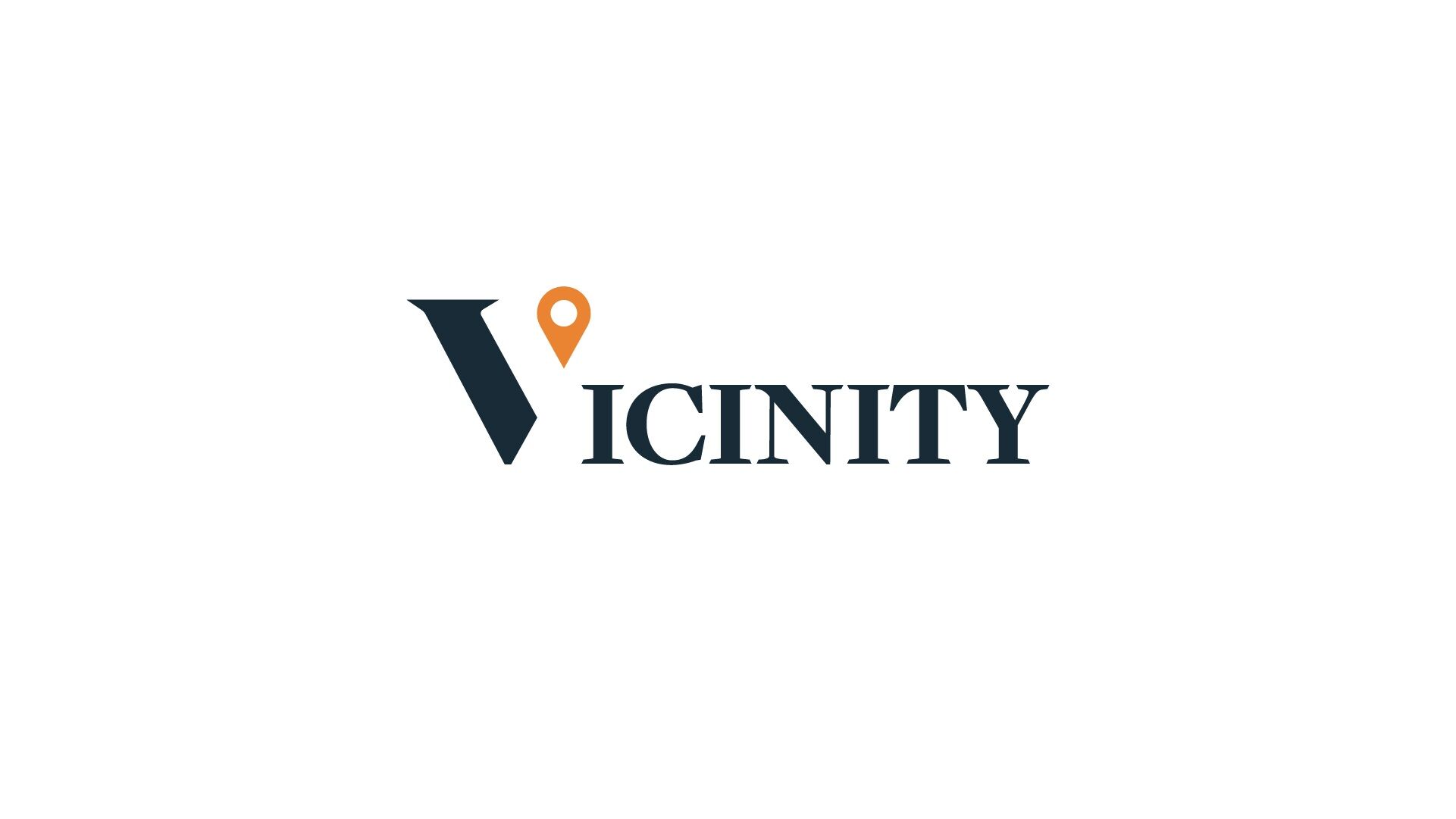 Vicinity logo in black lettering with a part of the 'V' as an orange pin drop.