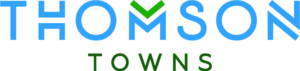 The Thomson Towns Logo with Blue colour lettering of the word 'Thomson' and Green lettering for the word 'Towns'