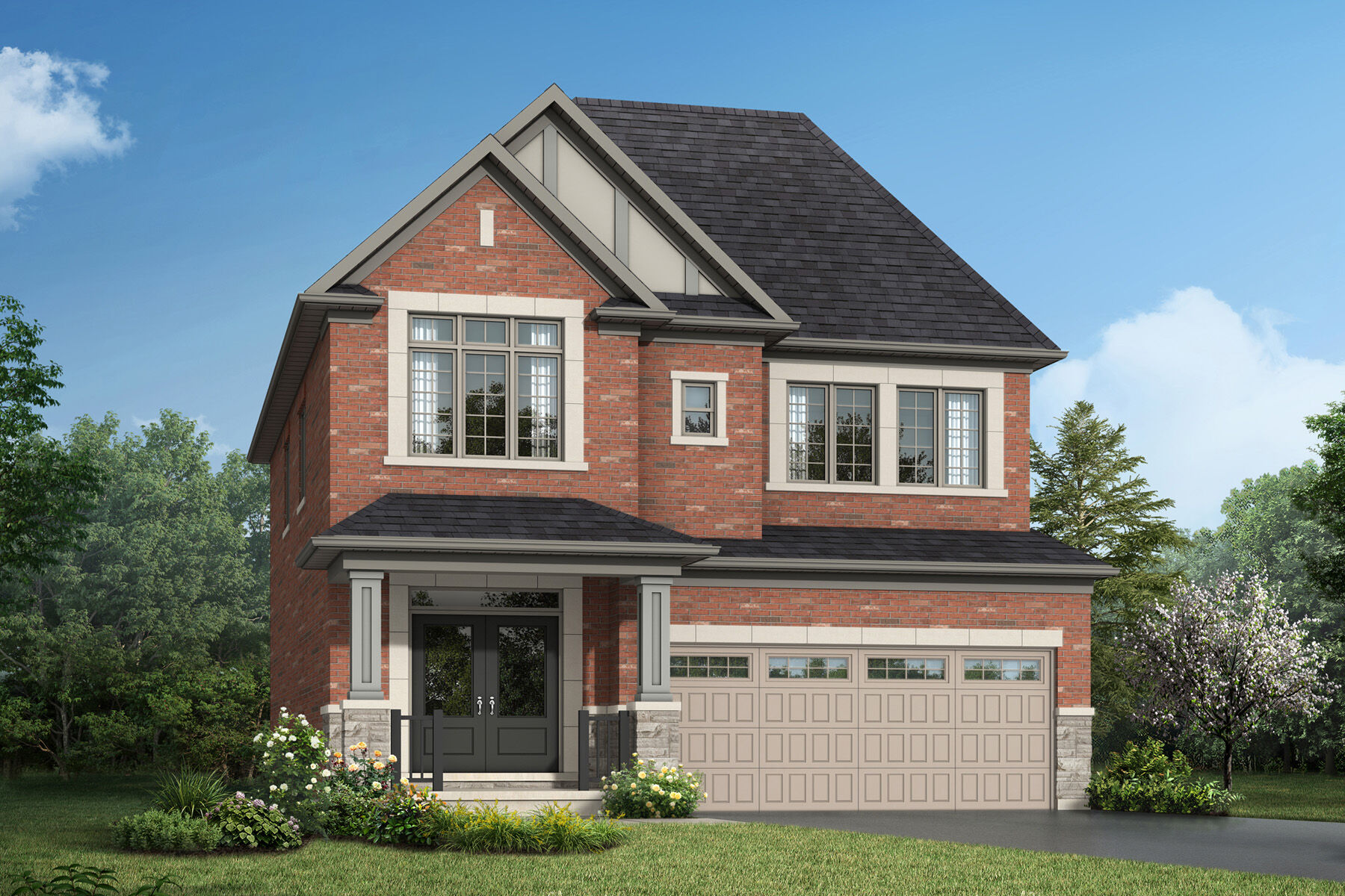  Elevation Front with window, garage, door, exterior brick and exterior stone