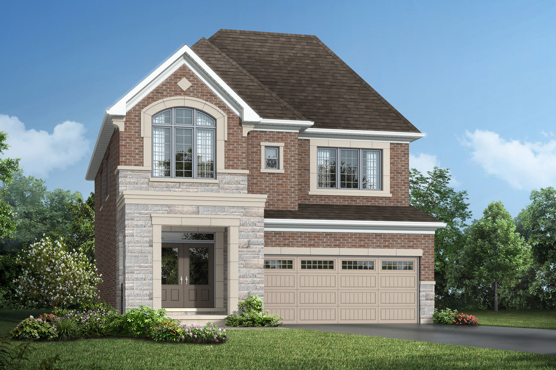  Elevation Front with garage, window, door, exterior stone and exterior brick