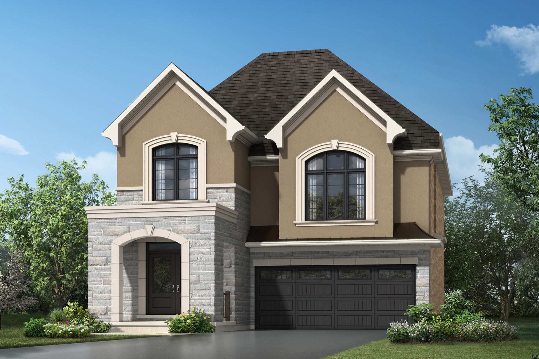  Elevation Front with window, garage, door and exterior stone