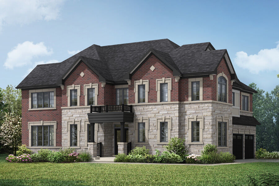 English Manor elevation for the Yorkwood plan with double garage to the right and a black front door on the corner. Lots of windows and a Juliet balcony, light and red brick with a dark roof.