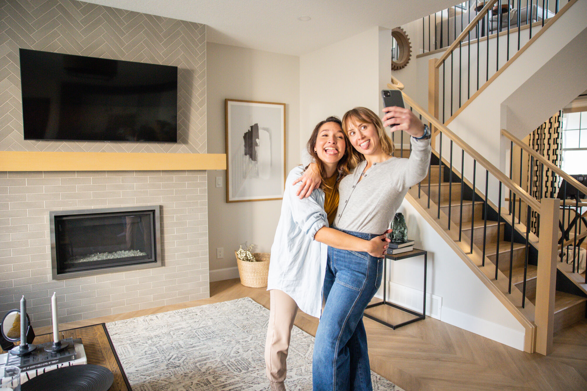 A couple recording themselves in their living room