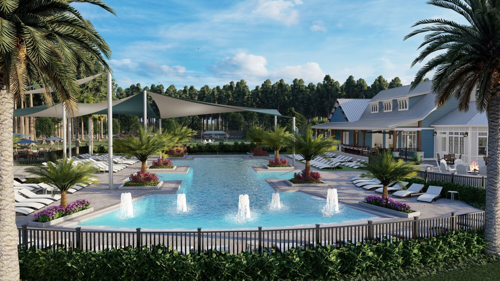 Rendering of community clubhouse with pool, umbrellas, lounge chairs and palm trees.