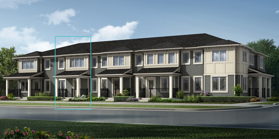 Highland townhome model with prairie elevation. 1 large windows sits above porch with 2 medium sized window to the left side.