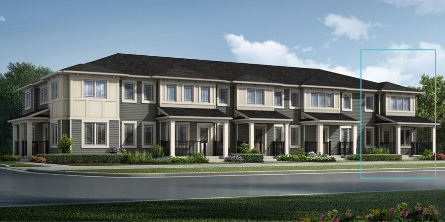 Ripley End townhome model with prairie elevation. 4 large windows sits above porch with 1 large window to the right side of door.