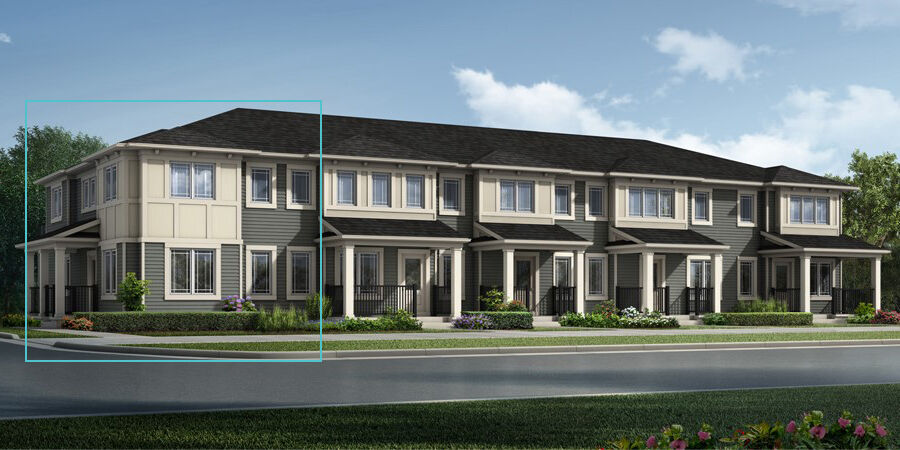 Windsor Corner townhome model with prairie elevation. 3 large windows sits above porch with 1 large window to the right side of door. On the right side of the corner model, 3 large windows sit on the top floor with 3 large windows beneath on the main floor.