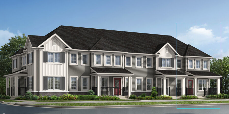 Ripley End townhome model with colonial elevation. 4 large windows sits above porch with 1 large window to the right side of door.