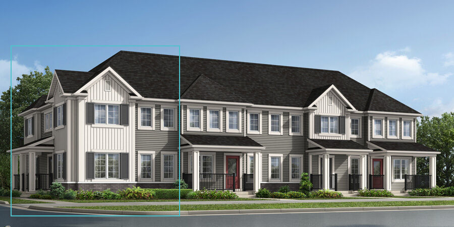 Windsor Corner townhome model with colonial elevation. 3 large windows sits above porch with 1 large window to the right side of door. On the right side of the corner model, 3 large windows sit on the top floor with 3 large windows beneath on the main floor.