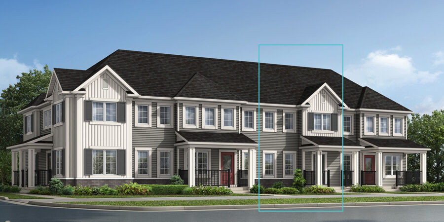 Fisher townhome model with colonial elevation. 1 large windows sits above porch with 4 medium sized window to the left side.