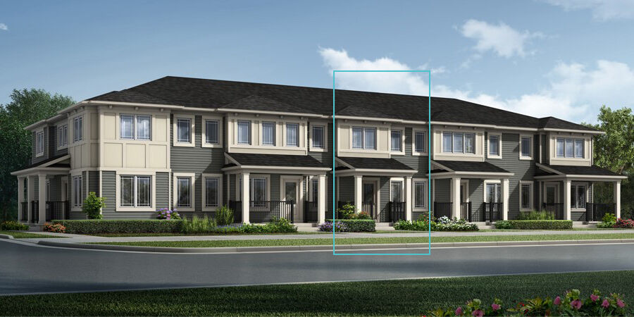 Fisher townhome model with prairie elevation. 1 large windows sits above porch with 4 medium sized window to the left side.