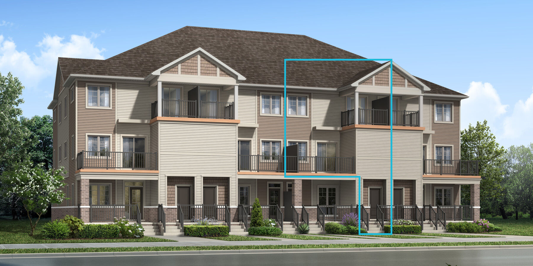 Beige and Brown coloured siding Stacked Townhome rendering with windows, balcony and front door with a blue box indicating the relevant townhome in the middle right 