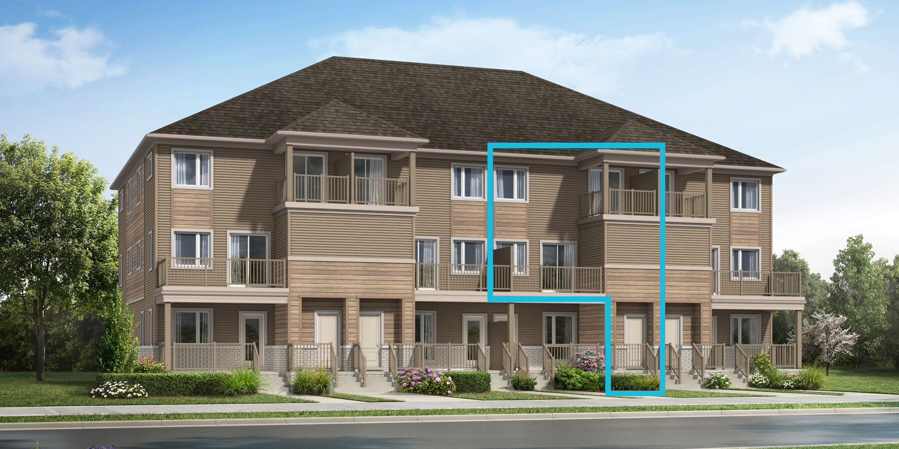 Beige coloured and wood patterned siding Stacked Townhome rendering with windows, balcony and front door with a blue box indicating the relevant townhome in the middle right