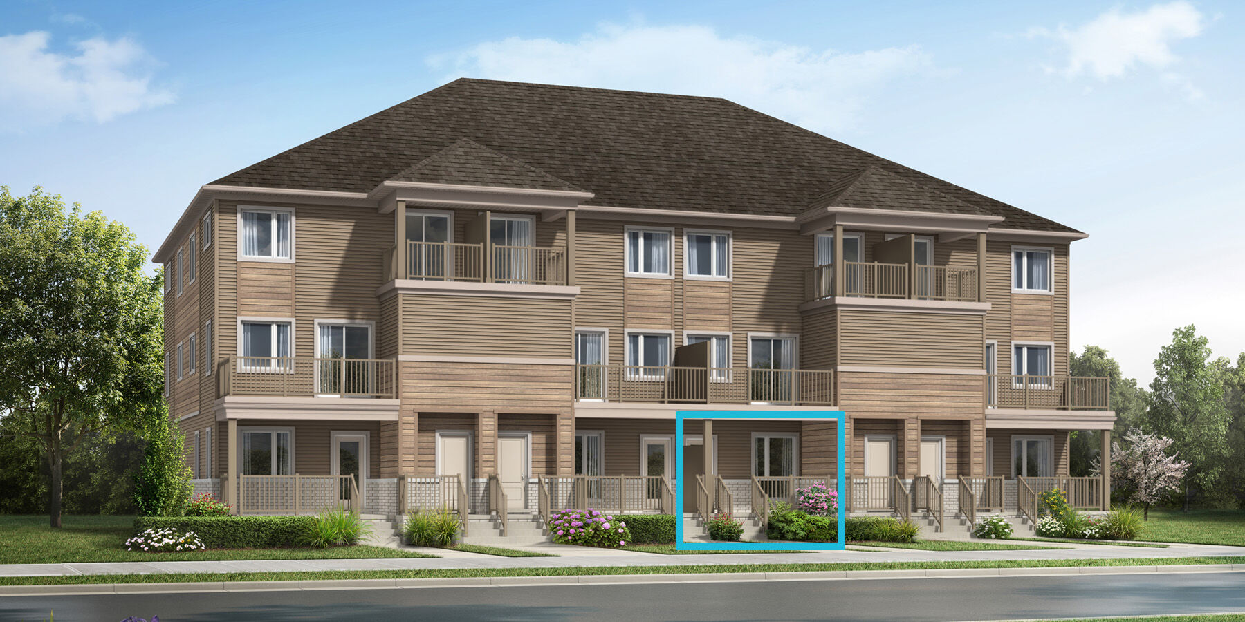 Beige coloured and wood patterned siding Stacked Townhome rendering with windows and front door with a blue box indicating the relevant townhome in the middle lower right