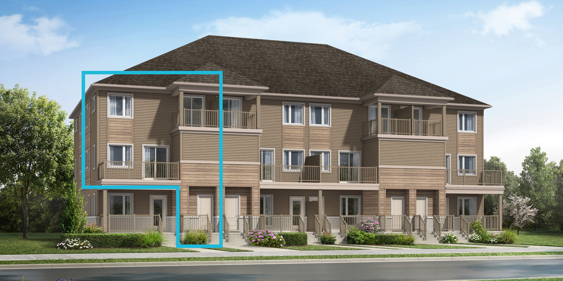 Beige coloured and wood patterned siding Stacked Townhome rendering with windows, balcony and front door with a blue box indicating the relevant townhome in the far left