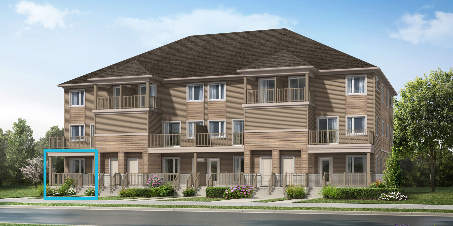 Beige coloured and wood patterned siding Stacked Townhome rendering with windows and front door with a blue box indicating the relevant townhome in the bottom far left