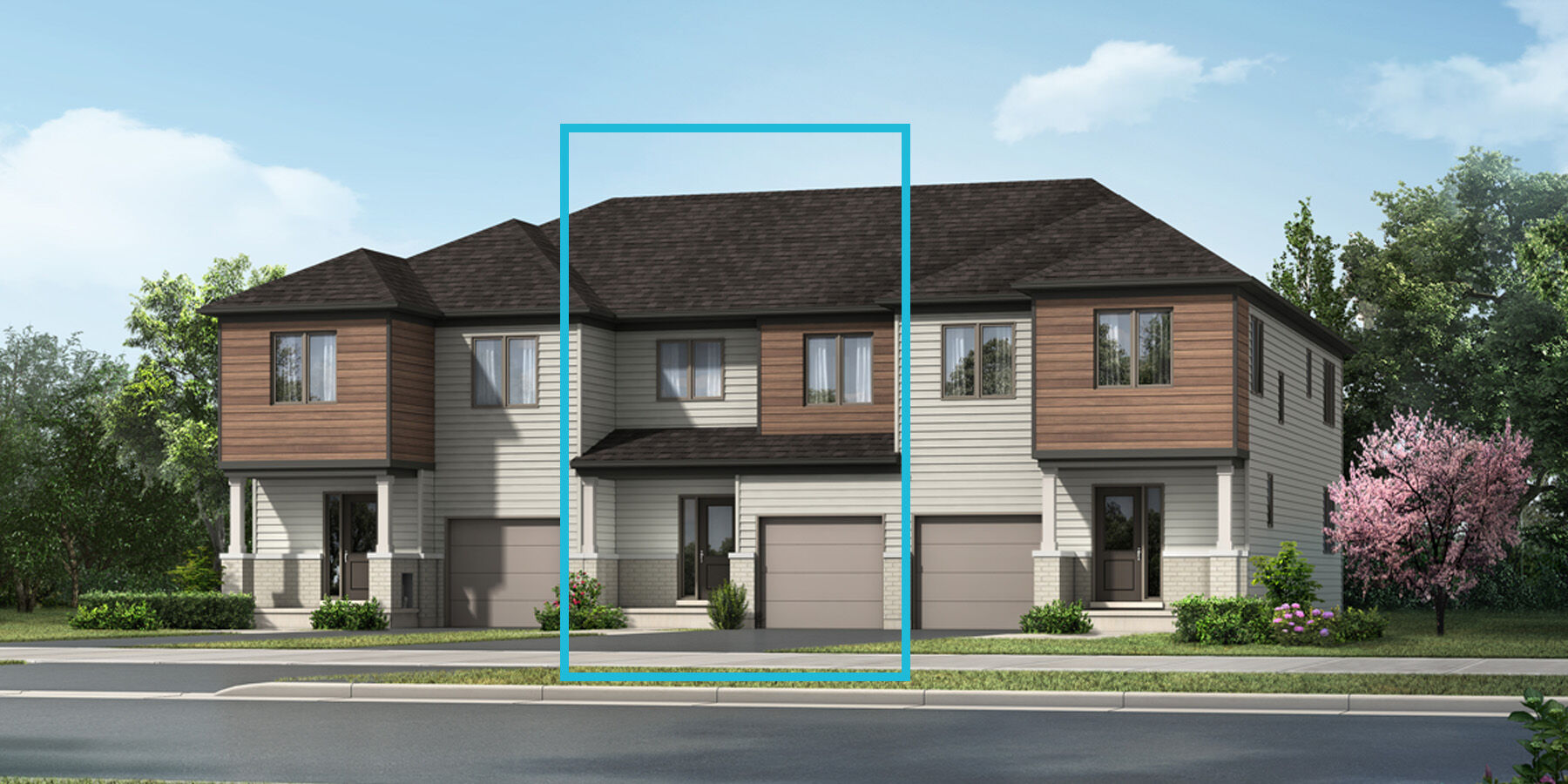 Beige coloured and wood siding Townhome rendering with windows and front door with a blue box indicating the relevant townhome in the middle