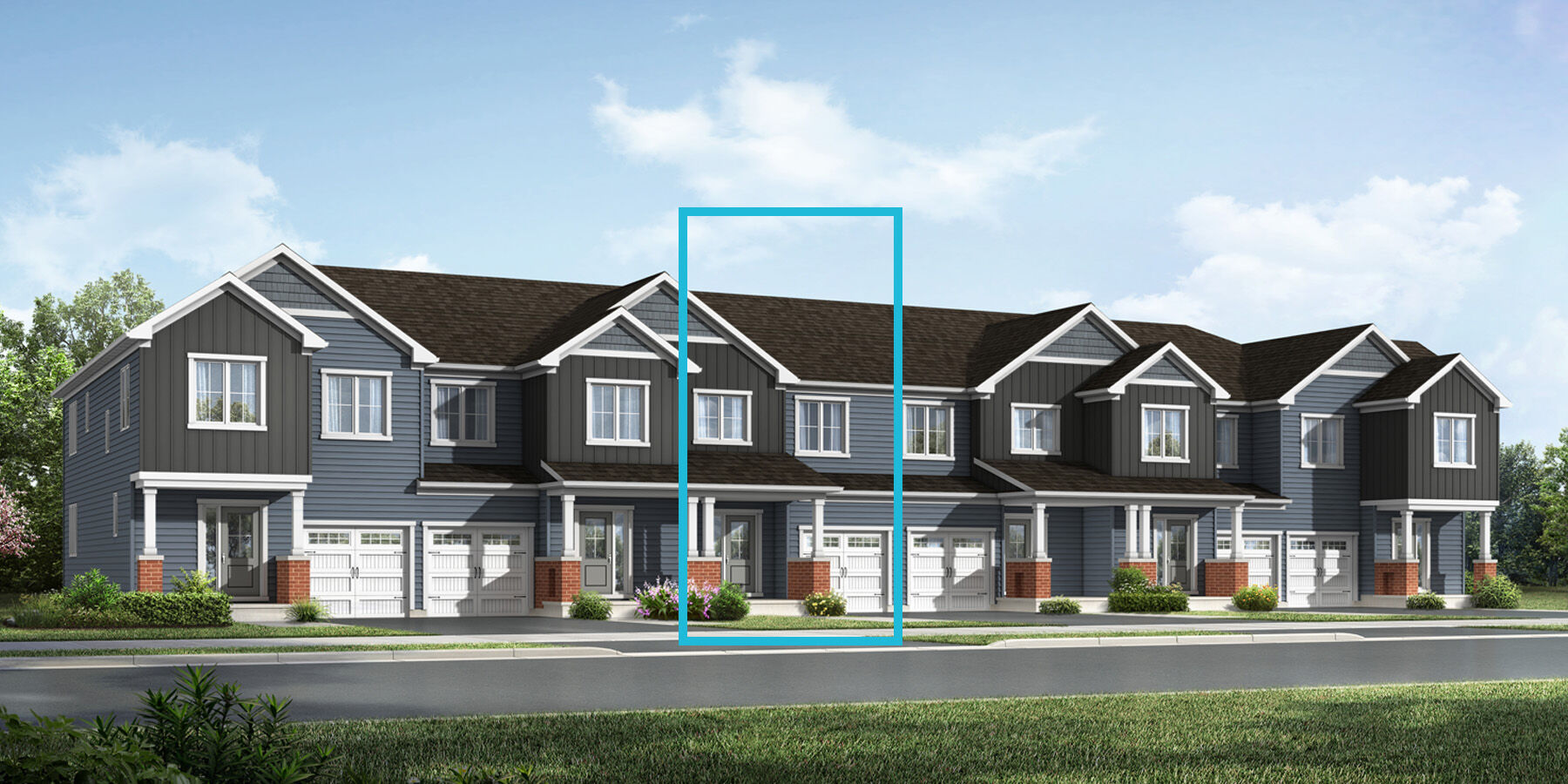 Light and dark Blue coloured siding with small brick columns Townhome rendering with windows and front door with a blue box indicating the relevant townhome in the middle