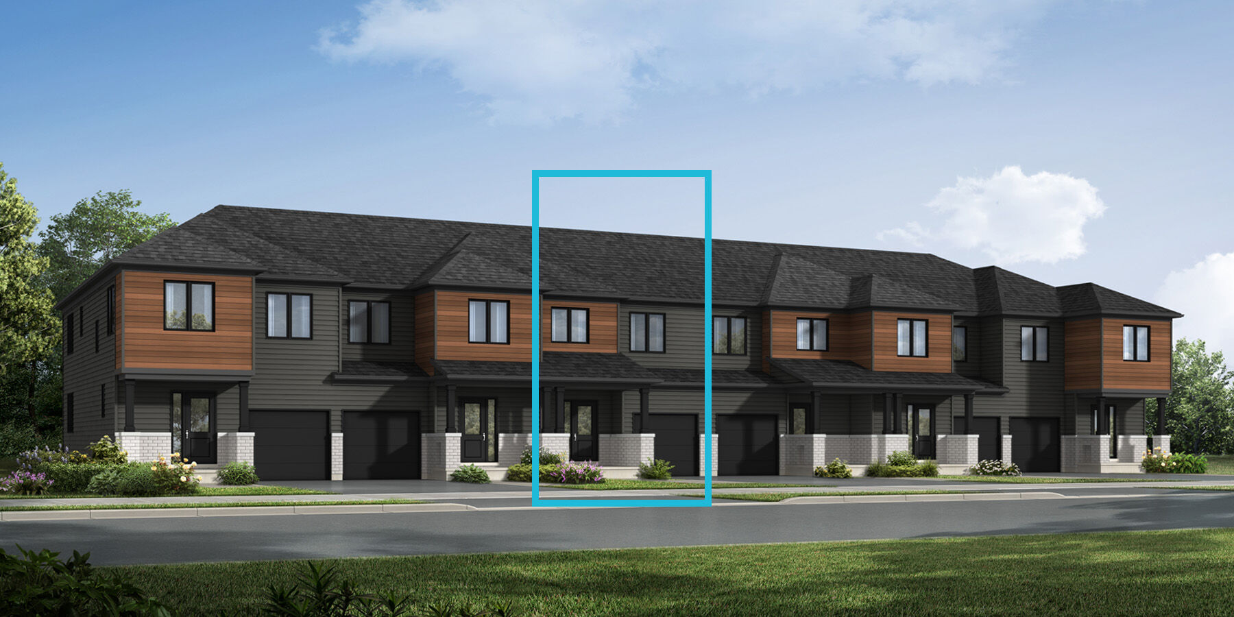 Dark Grey coloured and wood siding with white brick skirt and coloumns Townhome rendering with windows and front door with a blue box indicating the relevant townhome in the middle 