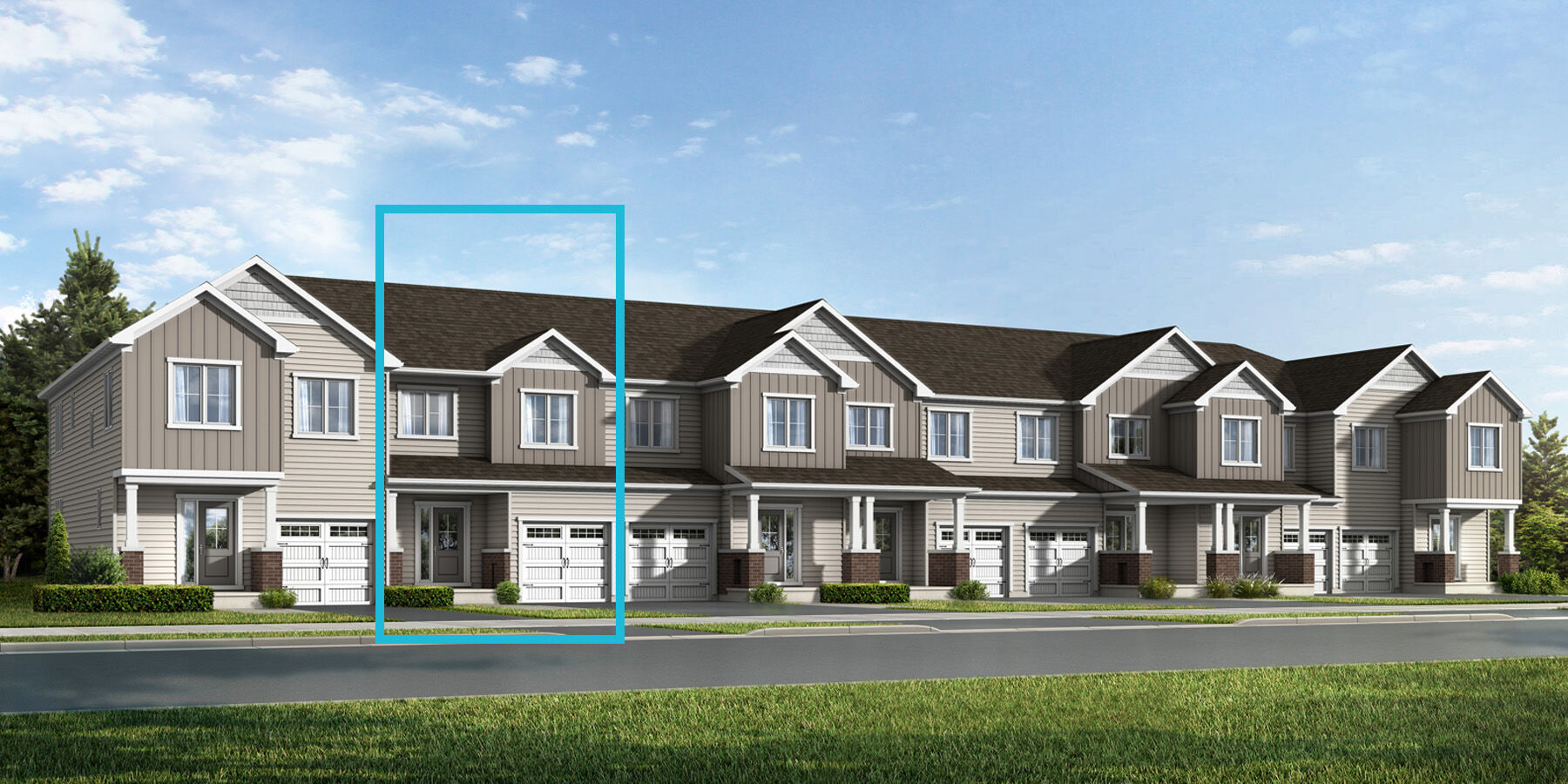 Light and dark beige coloured siding Townhome rendering with windows and front door with a blue box indicating the relevant townhome in the middle left