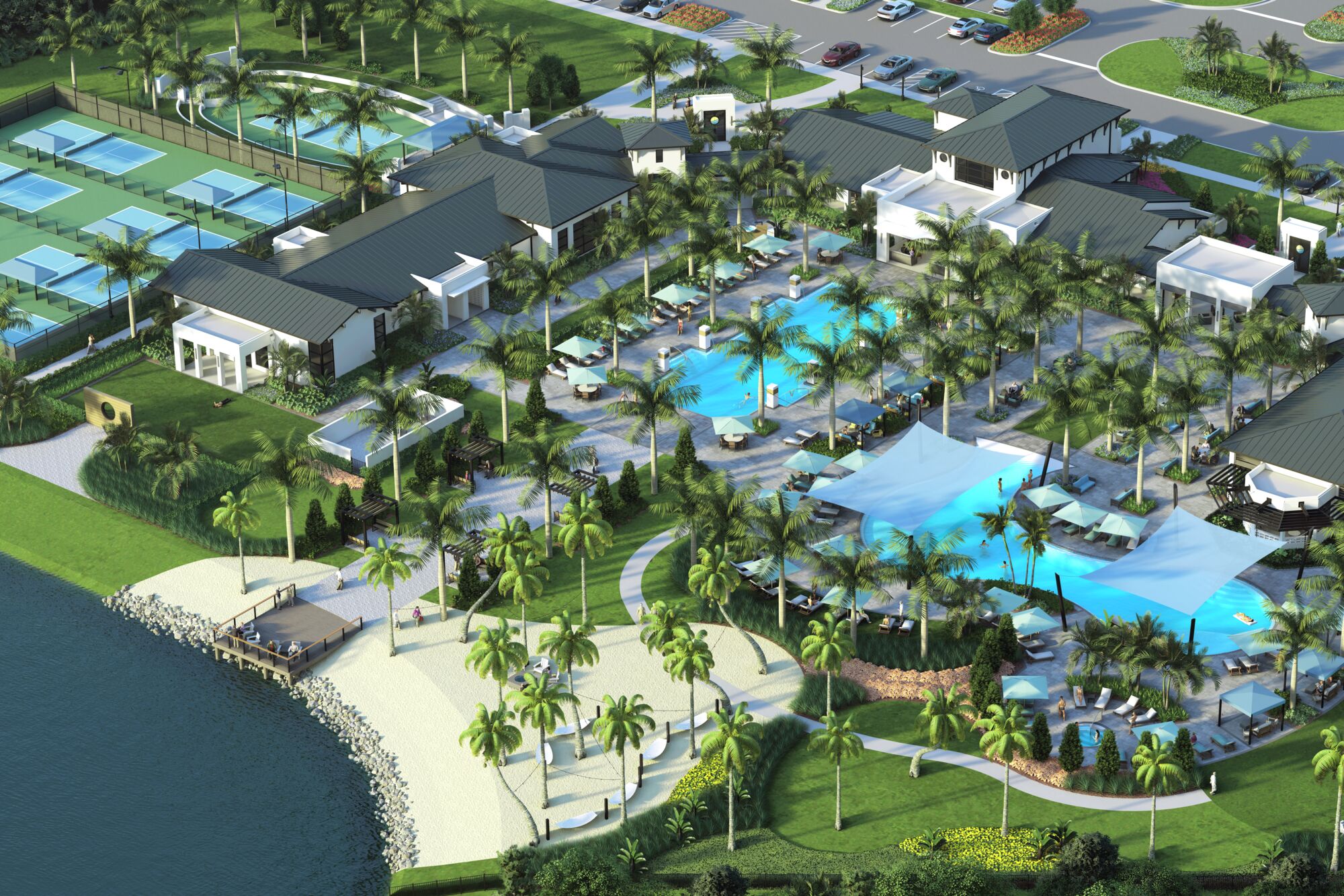 Amenity complex with pool and pickleball courts