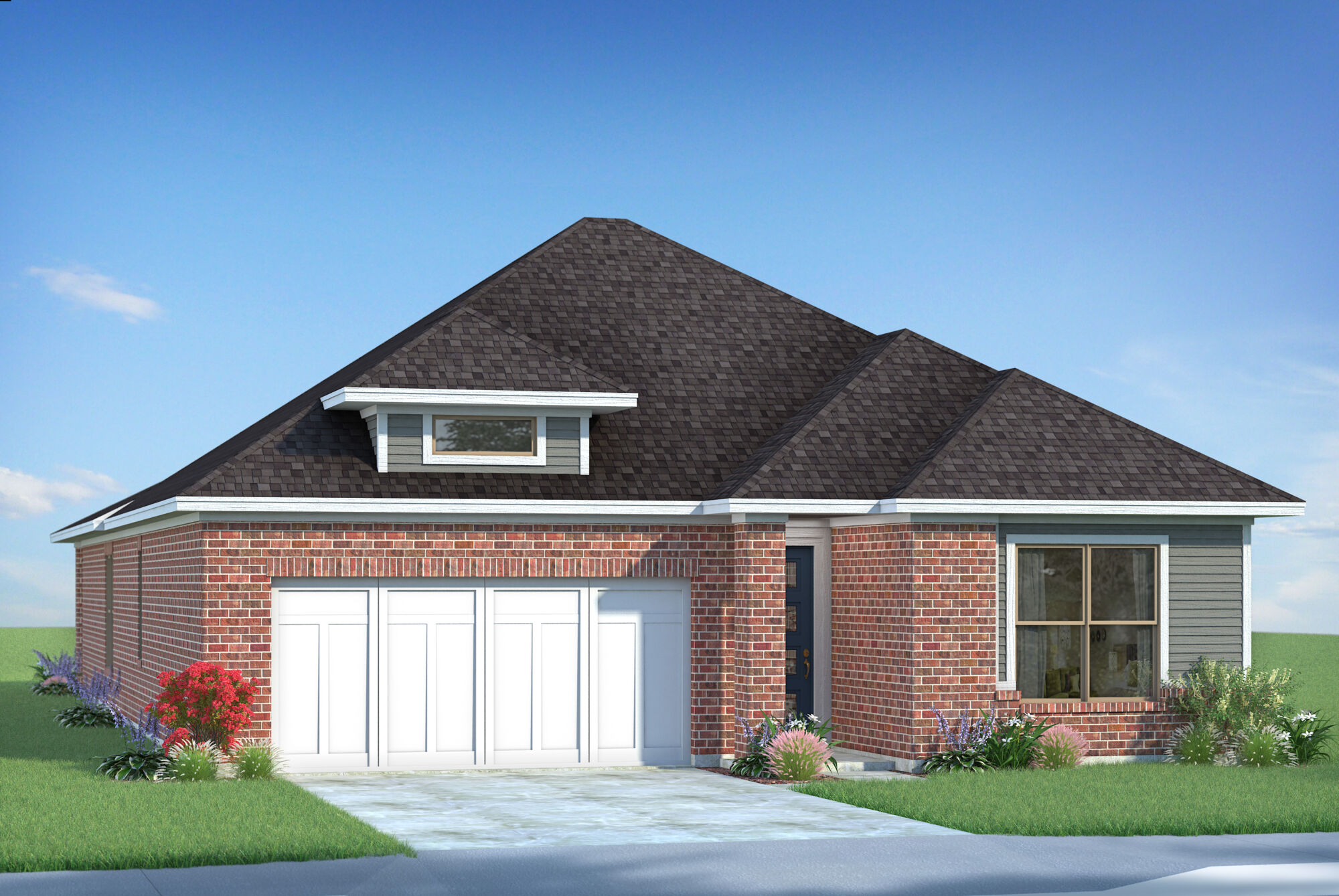  Elevation Front with garage, window and exterior brick