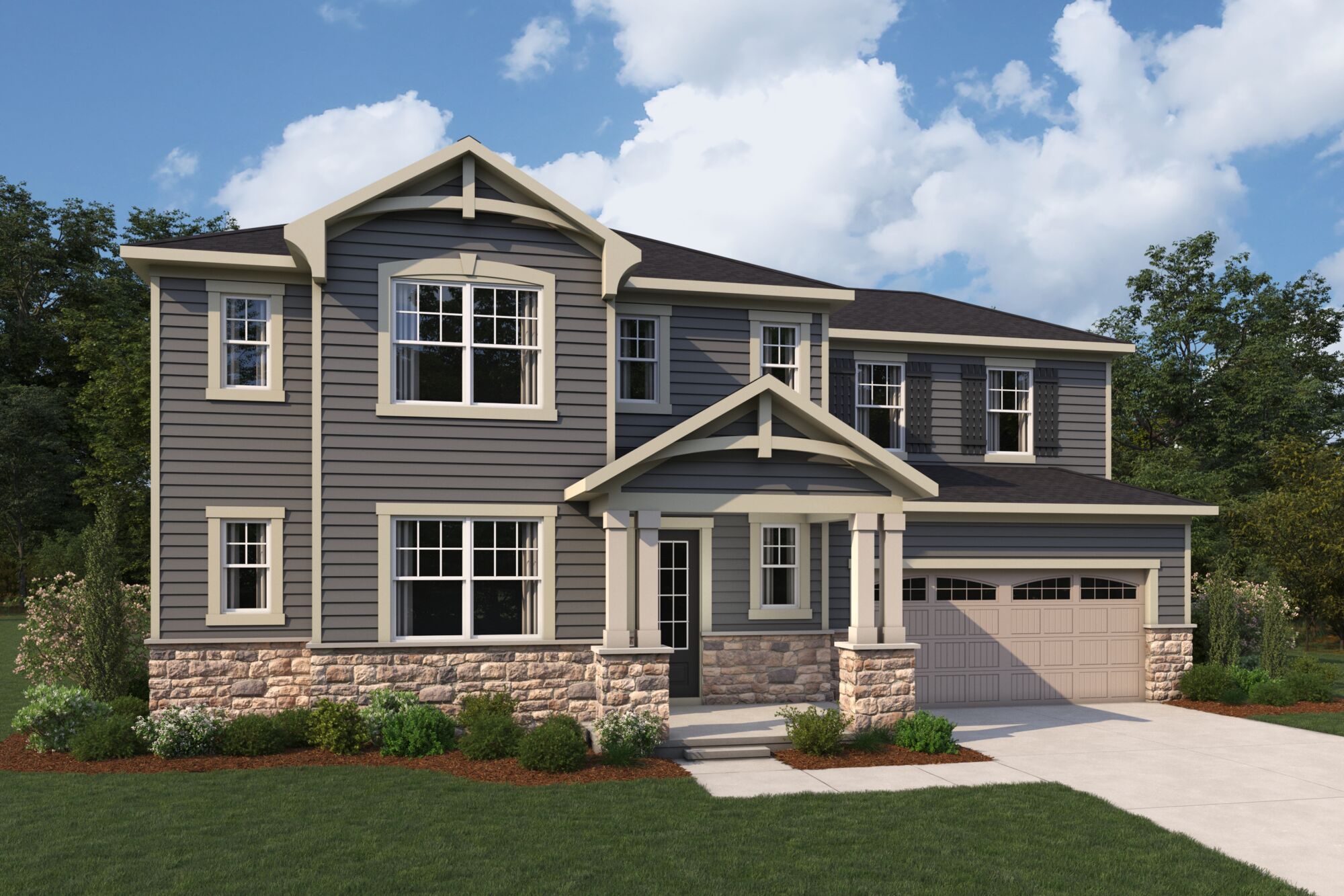  Elevation Front with window, garage, exterior stone and exterior clapboard