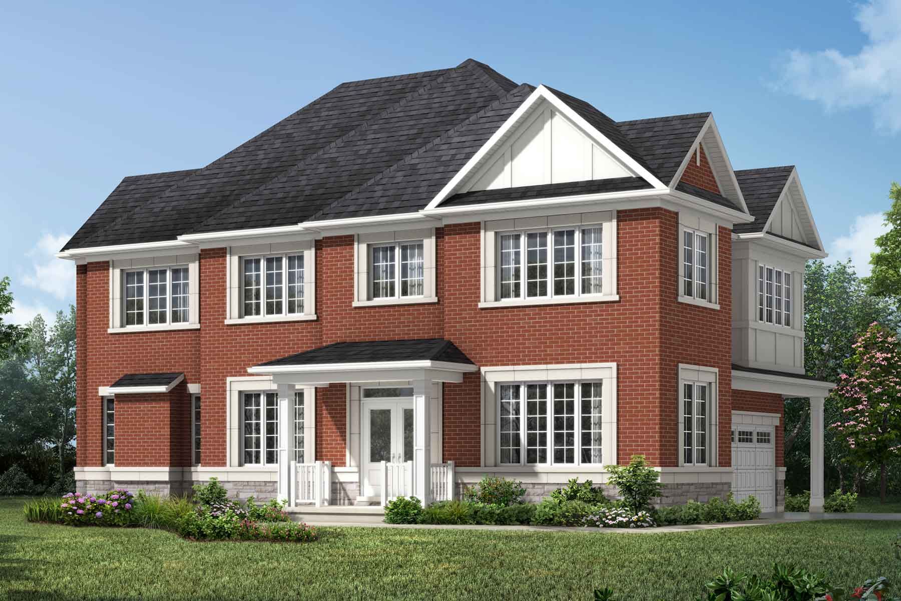 Traditional elevation for Arthur Corner with white double garage to the right and white front doors on the corner. Lots of windows, red brick and a dark roof.
