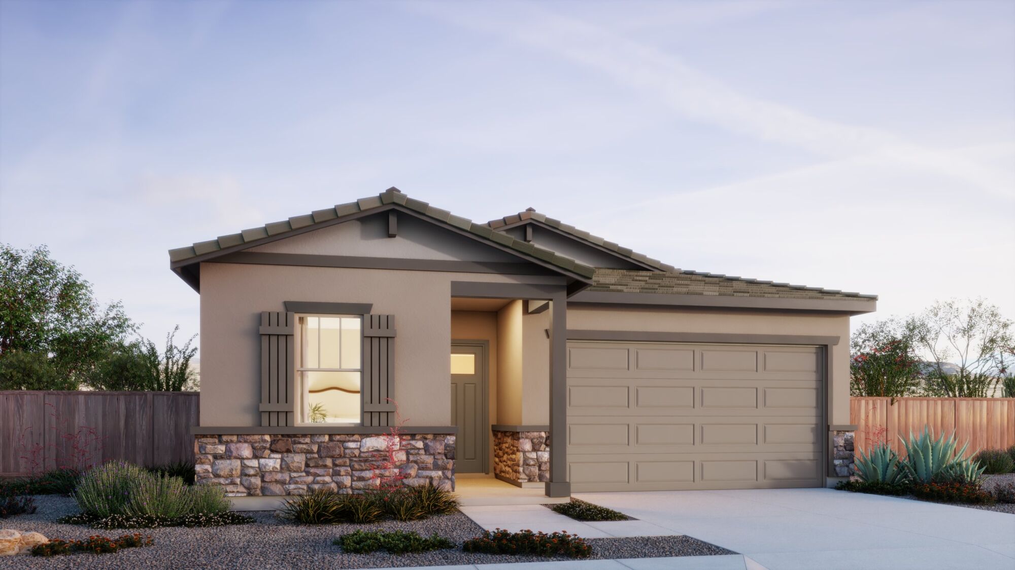  Elevation Front with window, garage, door and exterior stone