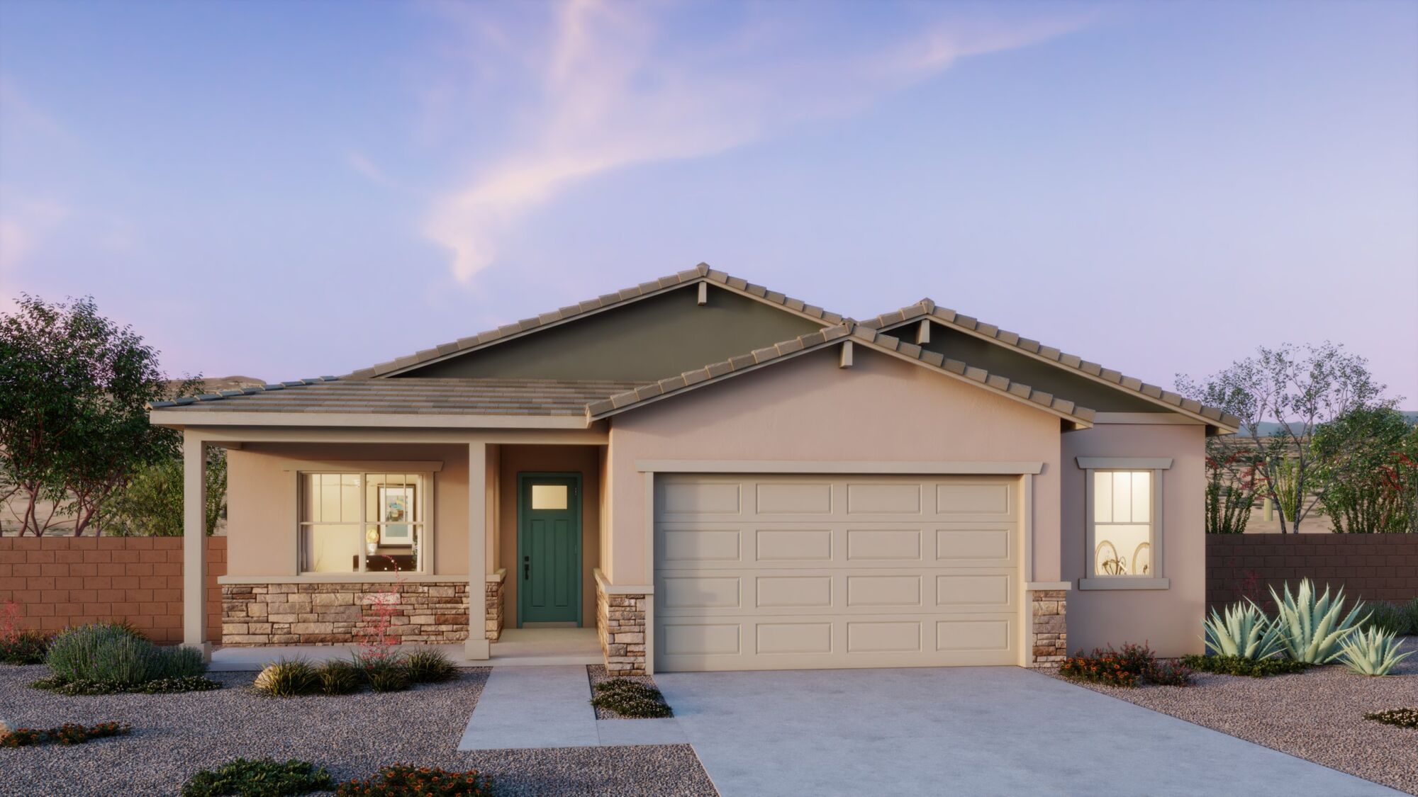  Elevation Front with garage, window, door and exterior stone