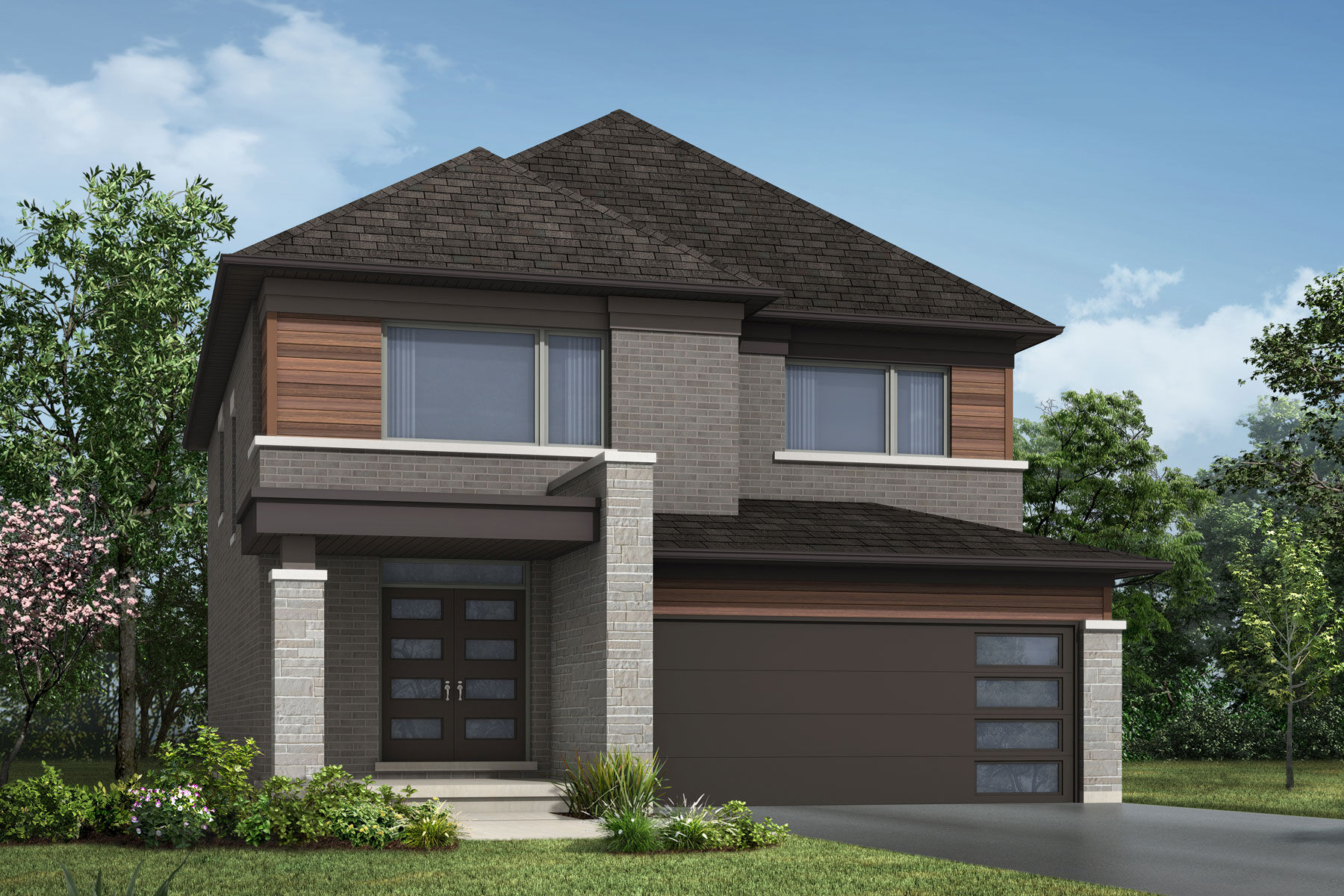  Elevation Front with garage, window, exterior stone and exterior brick