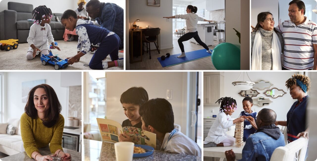 A collage of images showcasing various families and individuals doing activities around the home