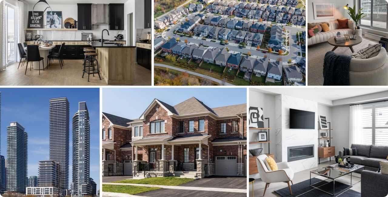 A collage of 6 images with different interior and exterior images, some neutral kitchens, a condo building, light coloured living rooms and exterior images of traditional style homes.
