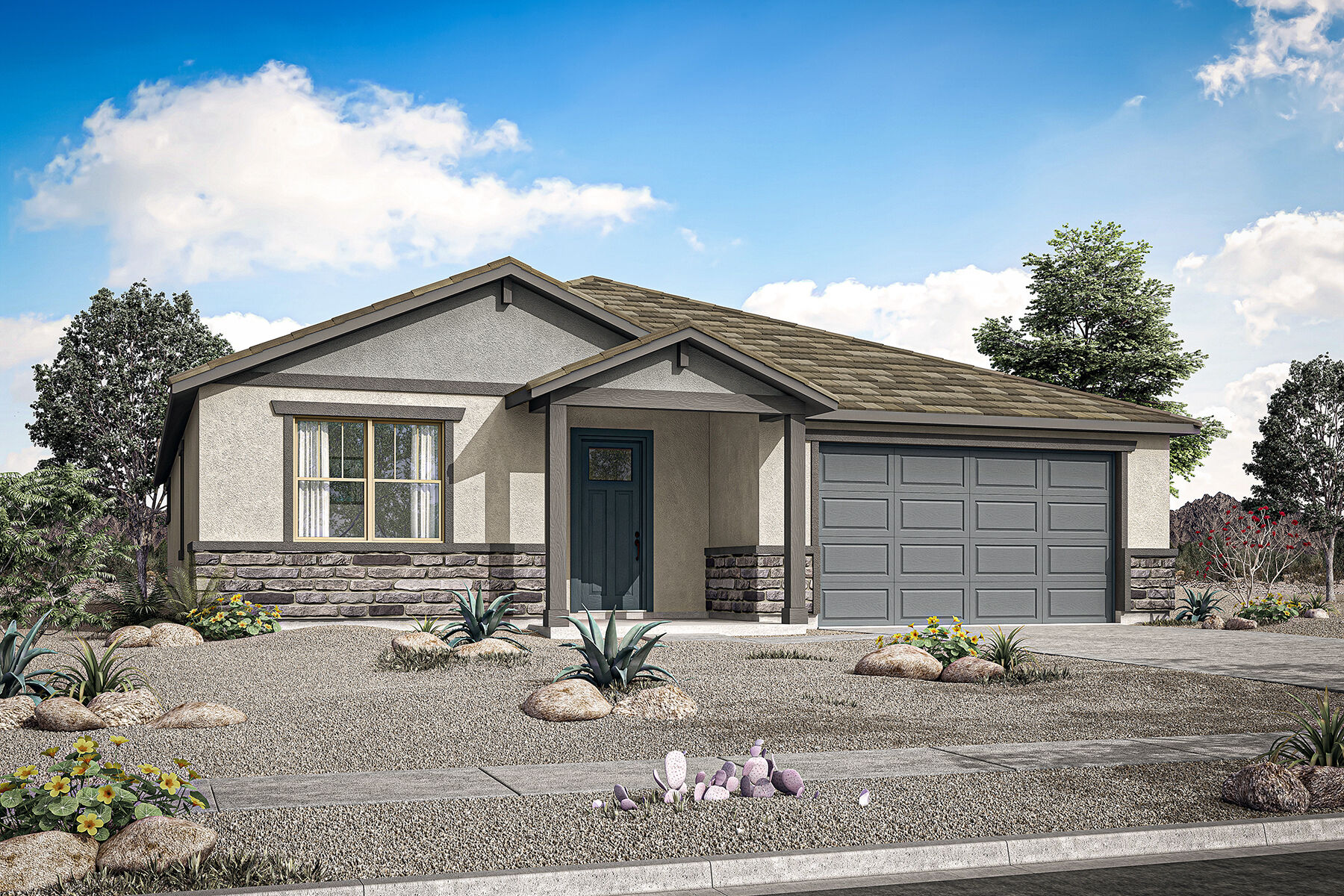 Elevation Front with garage, window, door and exterior stone