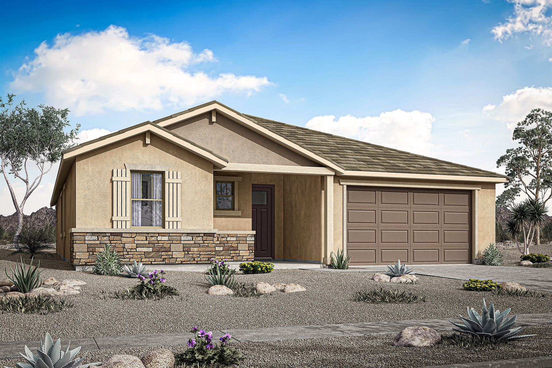  Elevation Front with garage, window, door and exterior stone