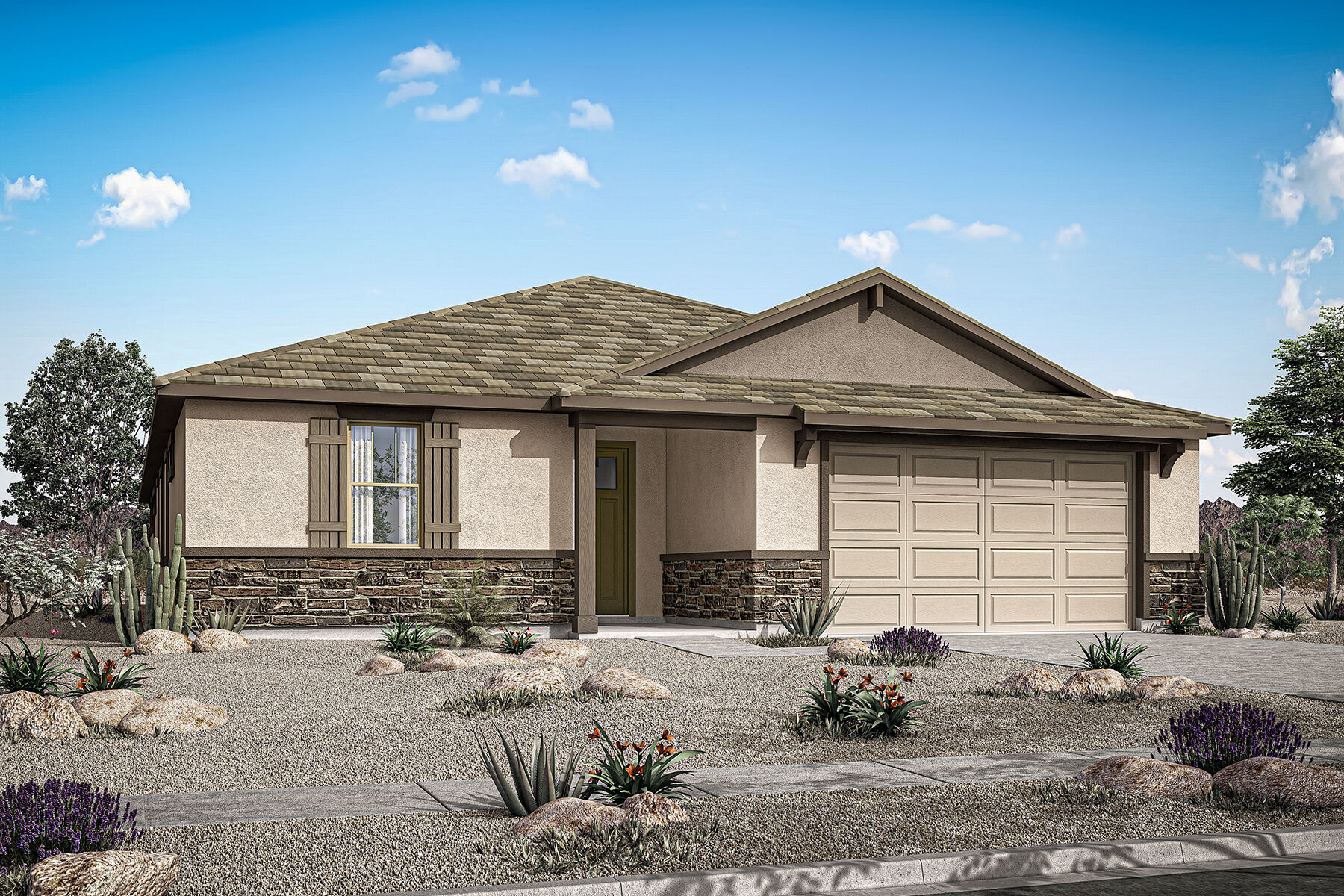  Elevation Front with window, garage, door and exterior stone