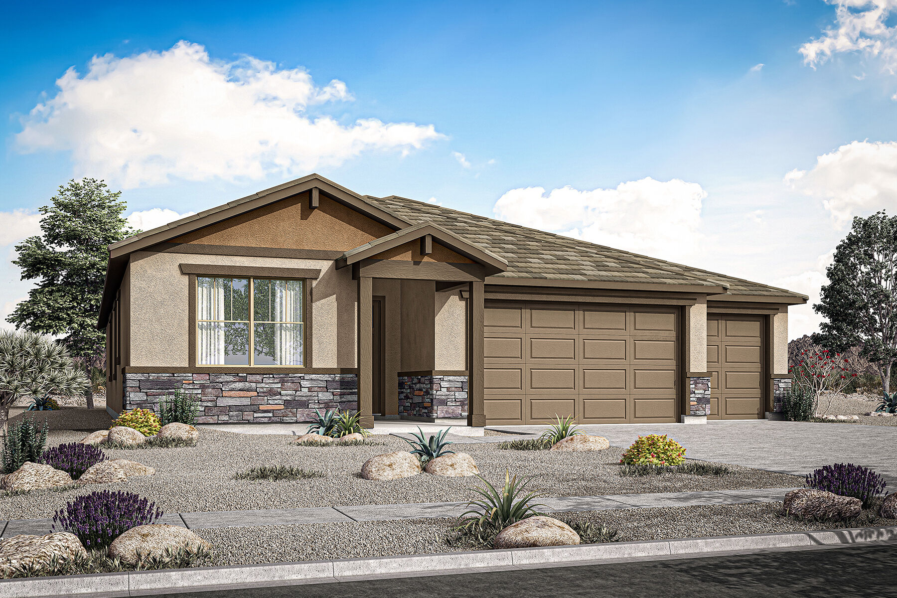  Elevation Front with garage, window, door and exterior stone