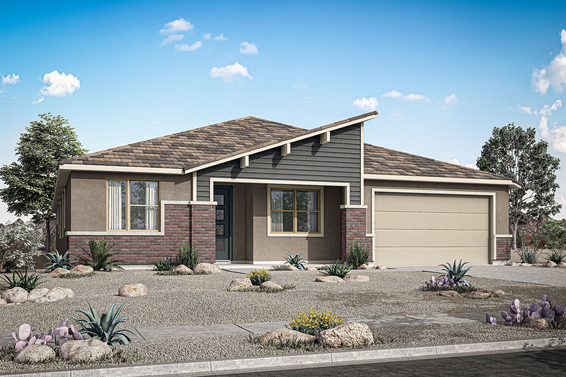 Elevation Front with garage, window, door and exterior brick