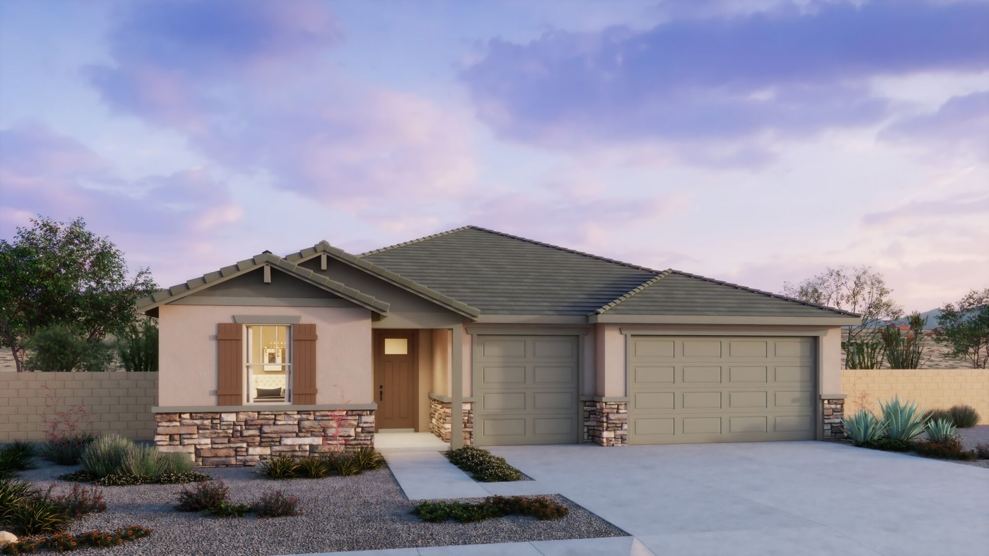  Elevation Front with garage, window, door and exterior stone