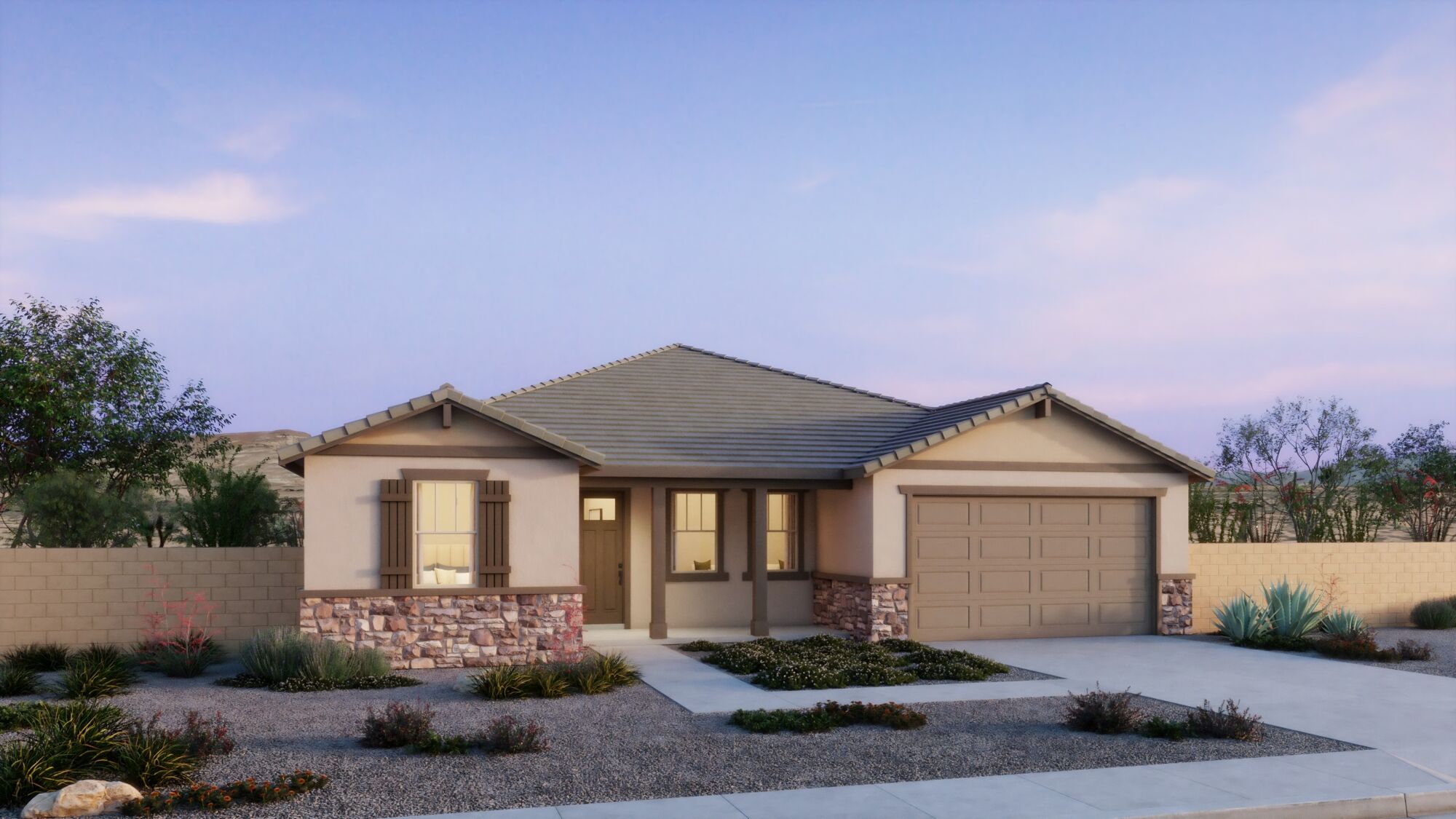  Elevation Front with garage, window, door and exterior stone