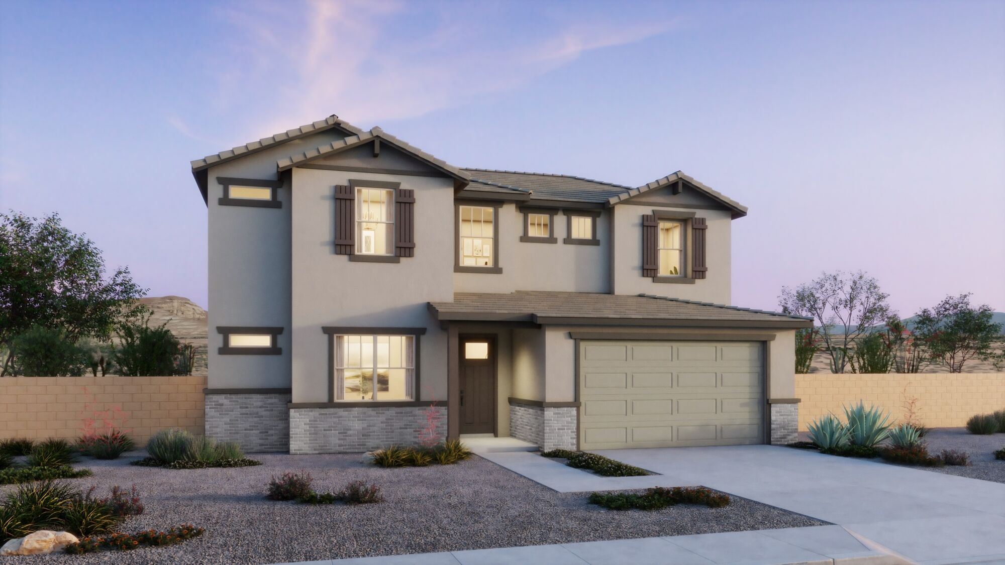  Elevation Front with window, garage, door and exterior stone