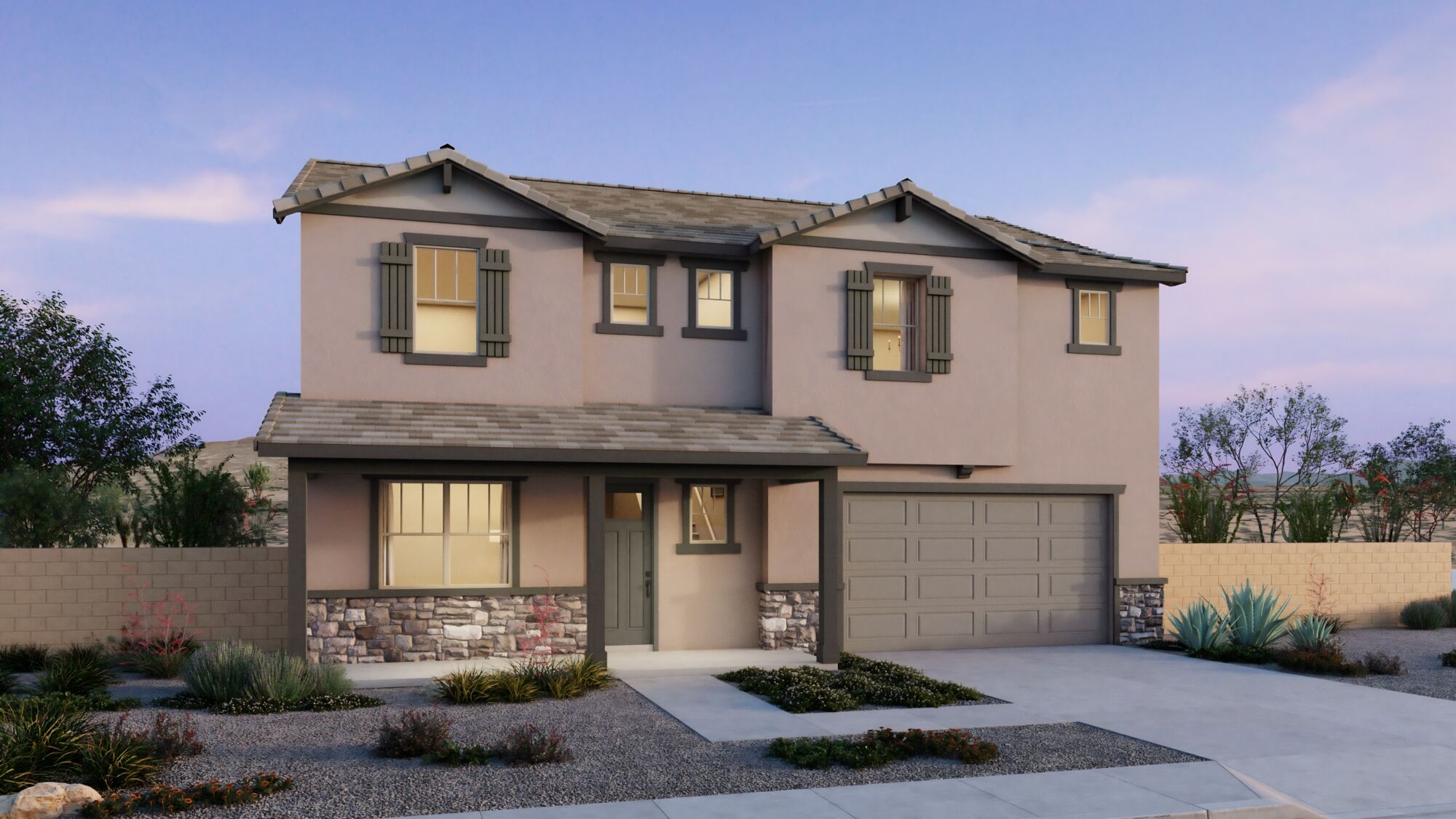  Elevation Front with garage, window, door and exterior stone