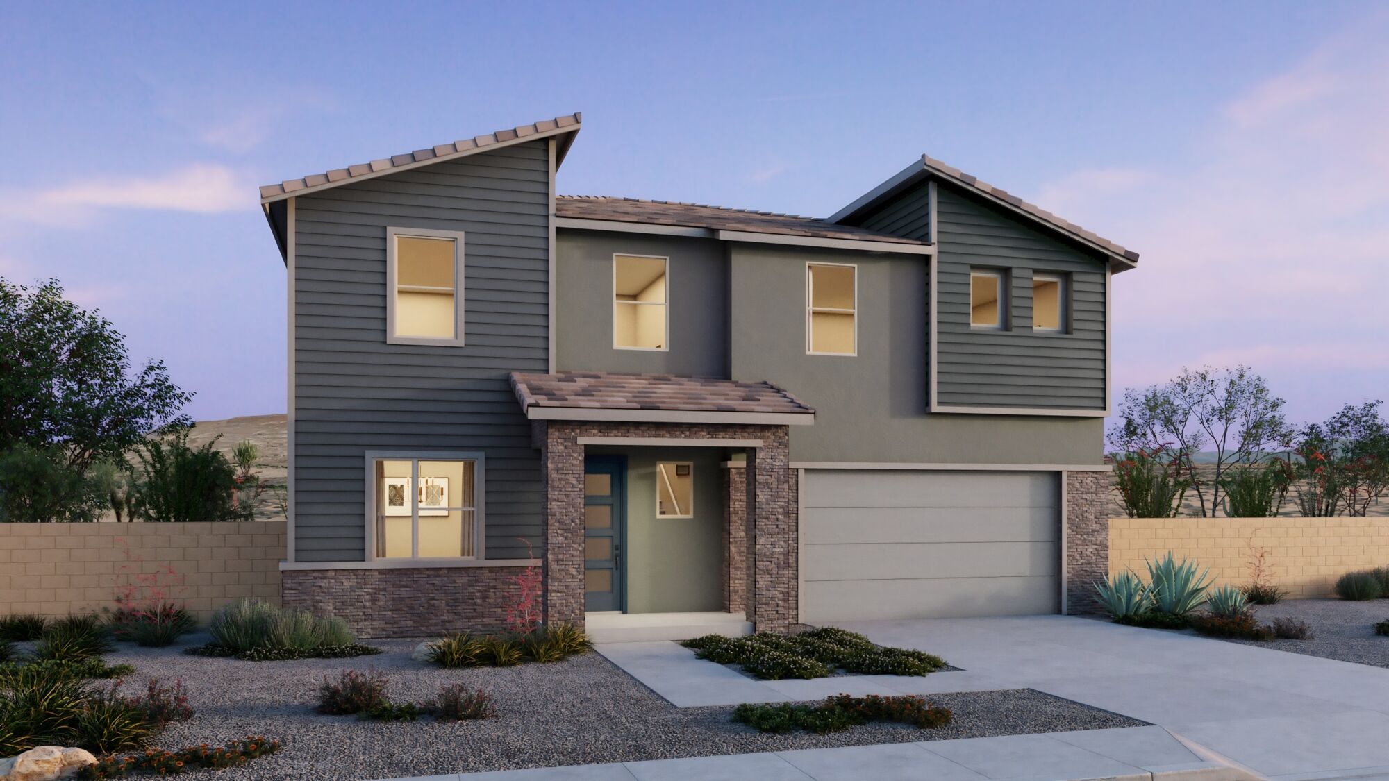  Elevation Front with garage, window, exterior clapboard, door and exterior stone