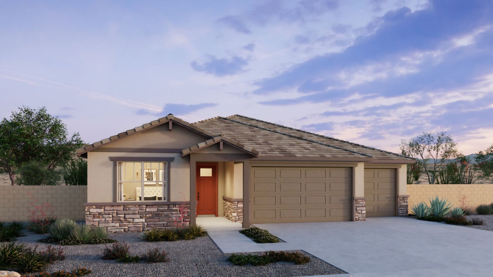  Elevation Front with garage, door, exterior stone and window