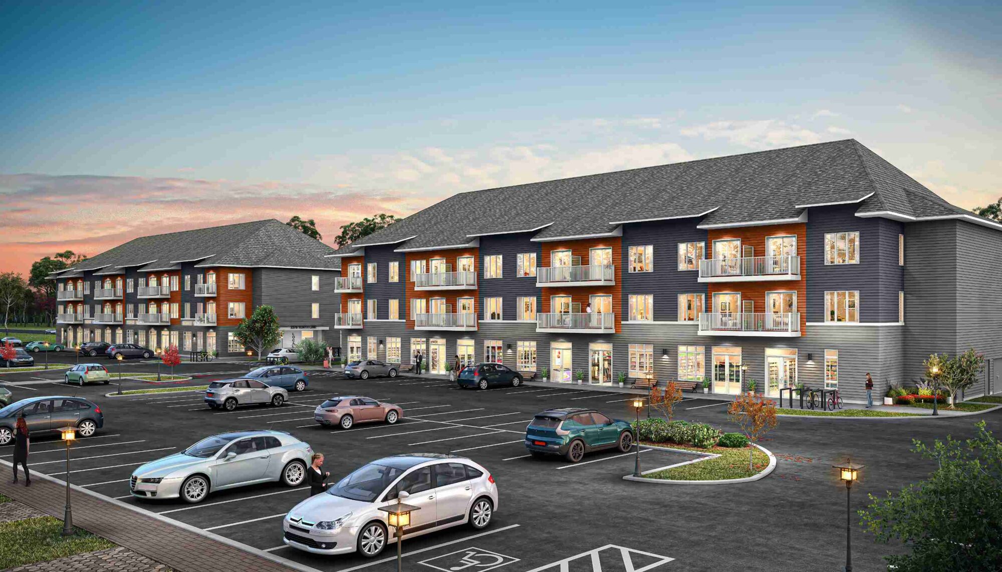 Render of the Locale Low-Rise Condo buildings, cars in an outdoor parking lot