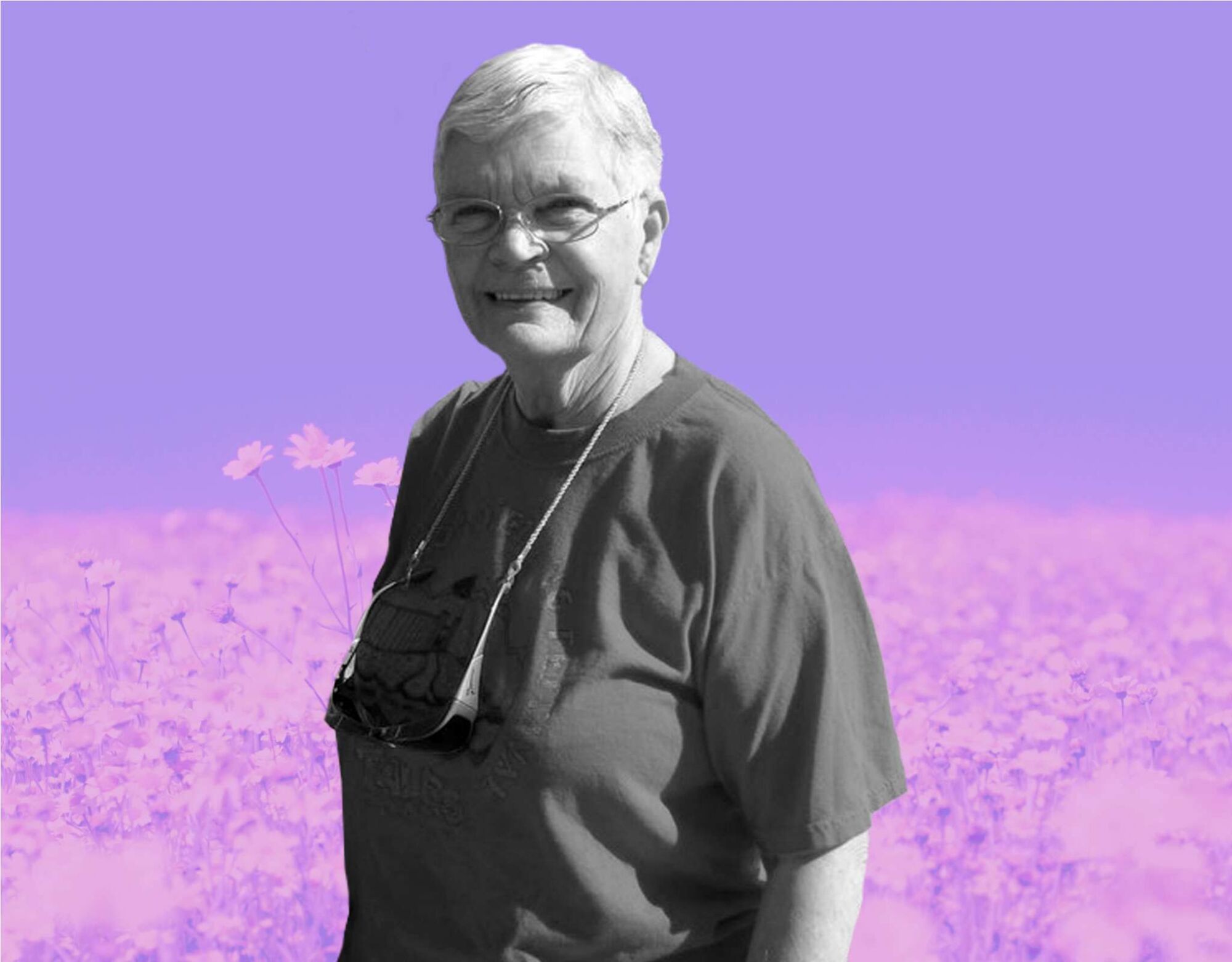 Woman in front of purple background