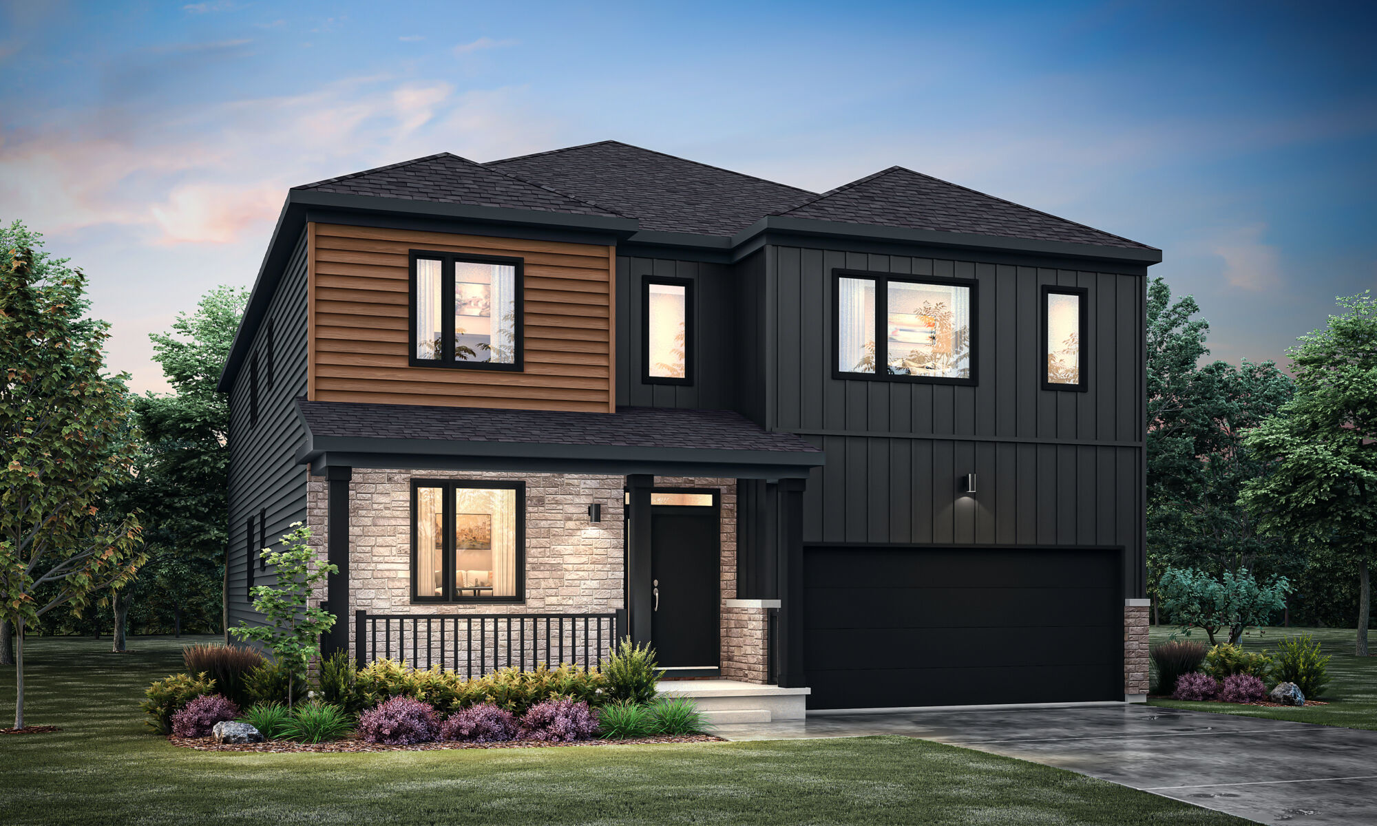 Elevation Front with garage, door, window, exterior stone, exterior brick and exterior clapboard