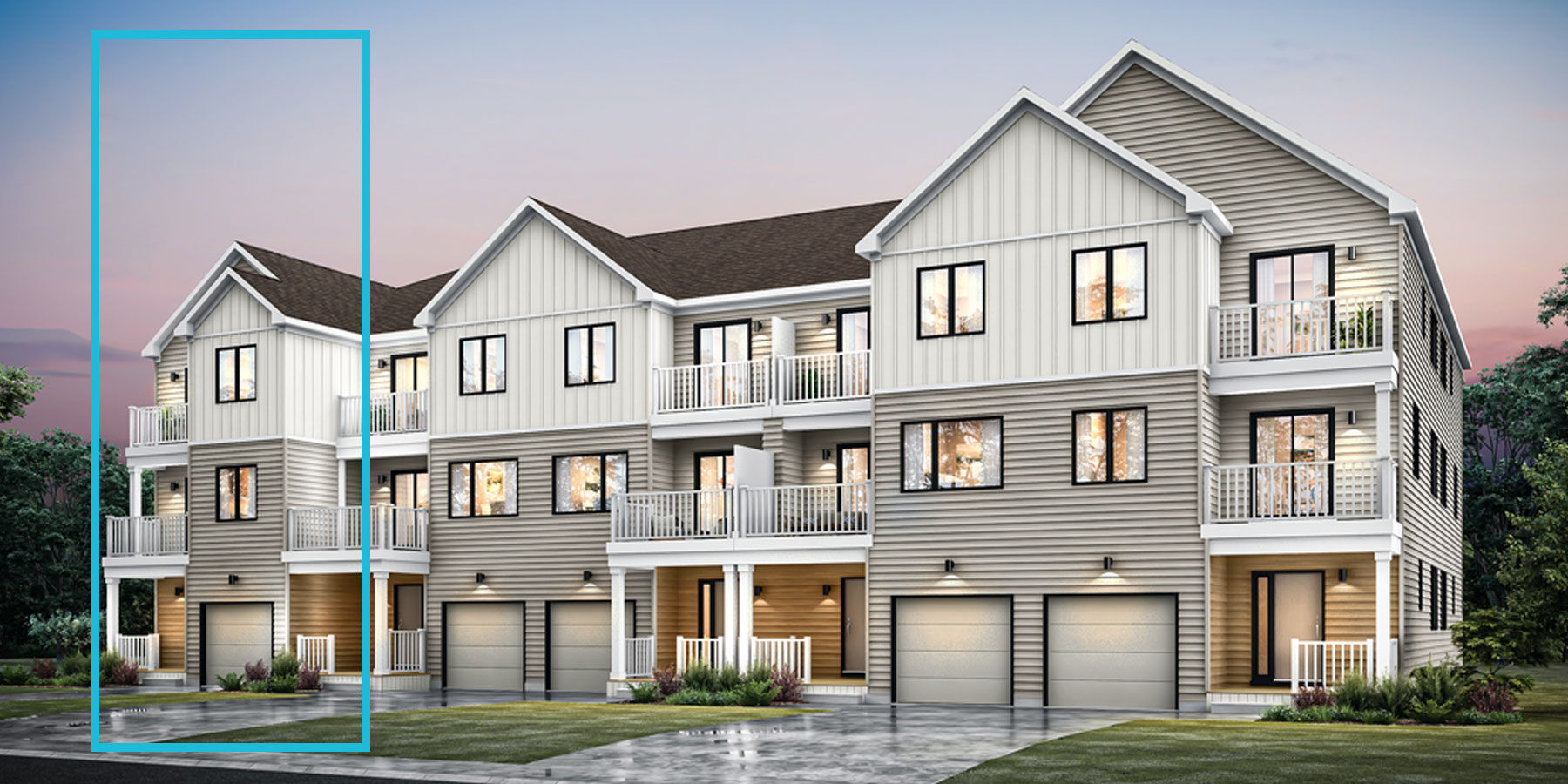 Town Homes with garage, door, window and exterior clapboard